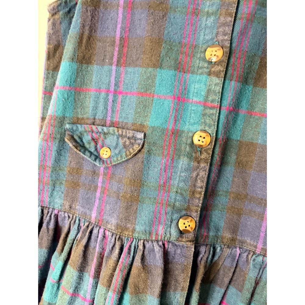 Genuine Girl Vintage Plaid‎ Dress Kids Medium 8/10 Teal Purple Cotton Button Up - Picture 2 of 4